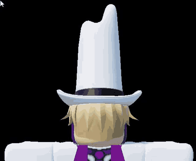 the back of a person wearing a white cowboy hat and purple shirt .