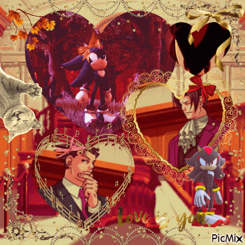a picture of shadow the hedgehog and a man in a suit with the words love you on the bottom right