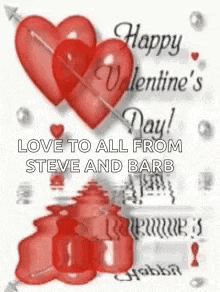 a happy valentine 's day greeting card with two hearts and an arrow .