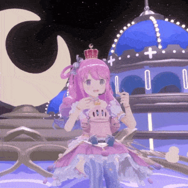 a girl with pink hair and a crown stands in front of a dome