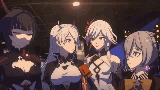 a group of anime girls are standing next to each other and one of them has a t on her chest