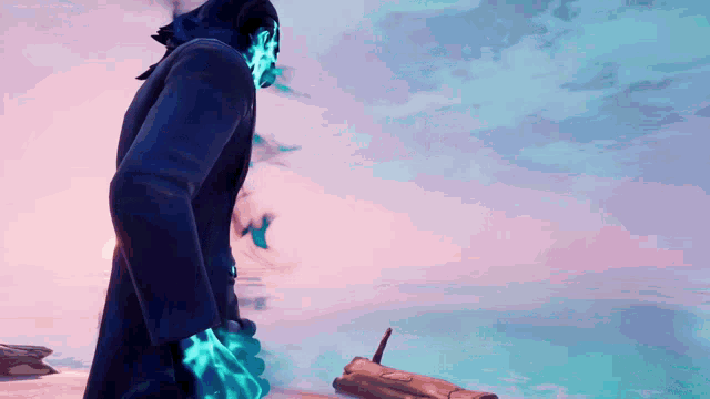 a person in a suit with blue flames on their sleeves