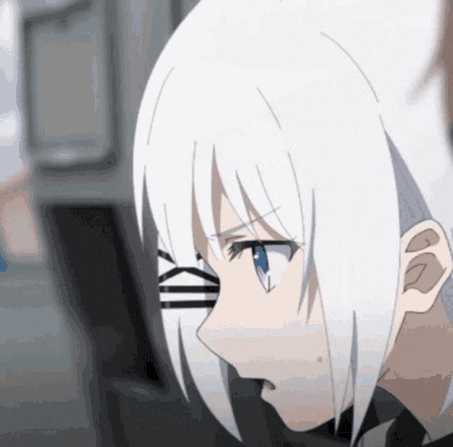 a close up of a white haired anime character with a blue eye