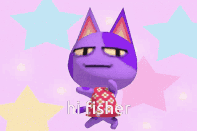a purple animal crossing character says hi fisher on a purple background
