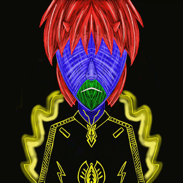 a drawing of a person with red hair and a blue mask on their face