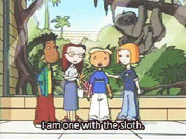 a group of kids are standing in front of a sloth and the caption says i am one with the sloth