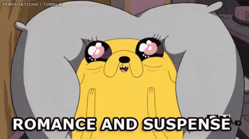 a cartoon character laying on a pillow with the words romance and suspense above him