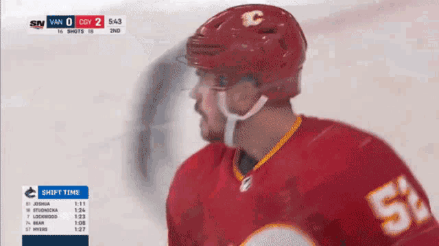 a hockey player wearing a red jersey with the number 52 on it
