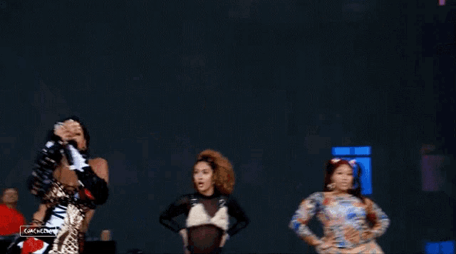 a woman in a leopard print dress is dancing with a group of dancers in plaid skirts with ny on them