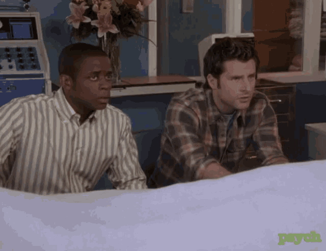 two men are sitting next to each other in a hospital room with psych written on the bottom right