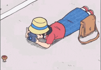 a cartoon of a girl taking a picture with a camera in front of her face