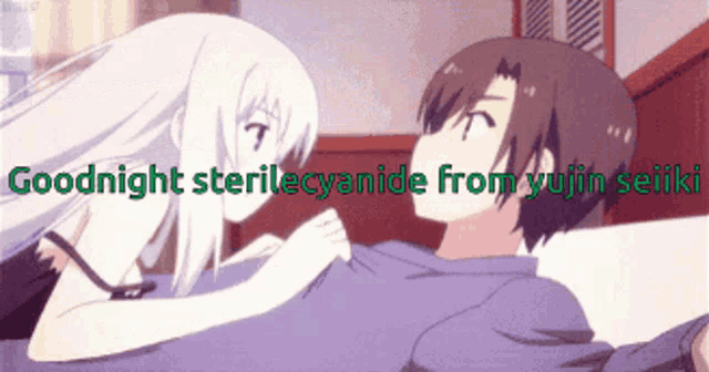 a couple of anime characters with the words goodnight sterilecyanide from yujin seiiki below them