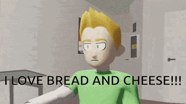 a cartoon character says " i love bread and cheese " with his arms in the air
