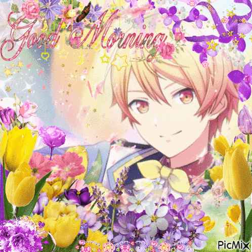 a picture of a boy surrounded by flowers with the words good morning written on it