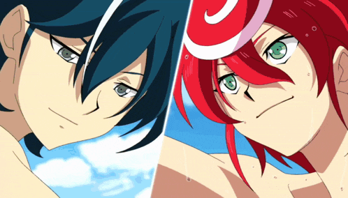 two anime characters are standing next to each other with one wearing a red hat with a letter j on it