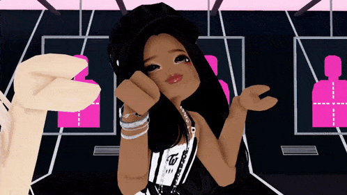a girl in a black and white outfit with the letter t on her chest