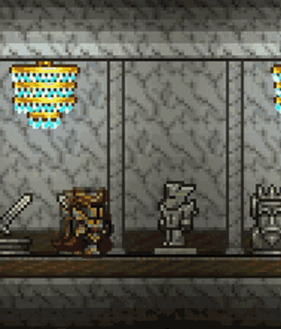 a pixel art of a shelf with statues and a chandelier