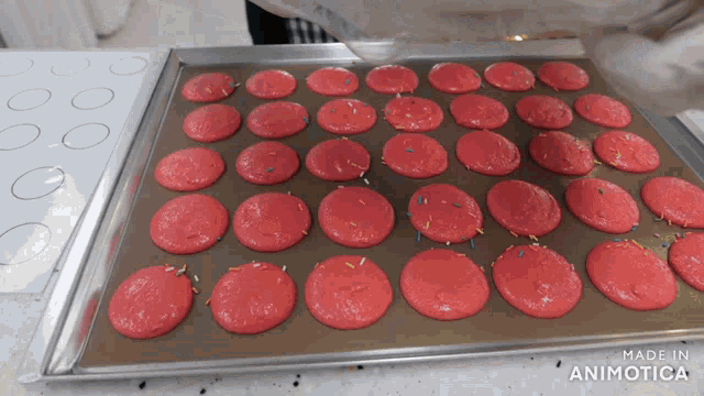 a tray of red cookies with sprinkles is made in animonica