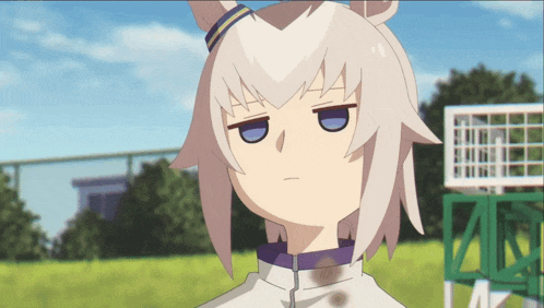 a cartoon of a girl with white hair and blue eyes