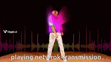 a man in a red shirt and white pants is dancing in front of a screen that says playing network transmission