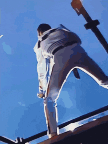 a person is standing on a railing with a blue sky behind them