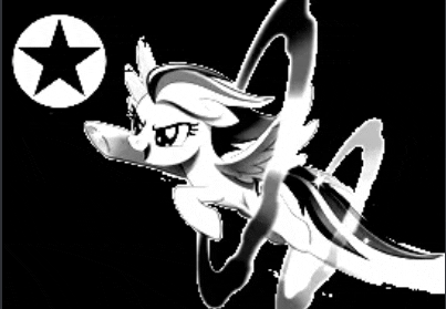 a black and white drawing of a pony with a star