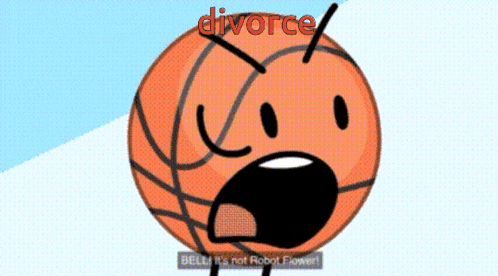 a cartoon basketball with a face and the word divorce written on it