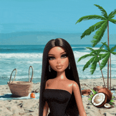 a doll is standing on a beach next to a palm tree