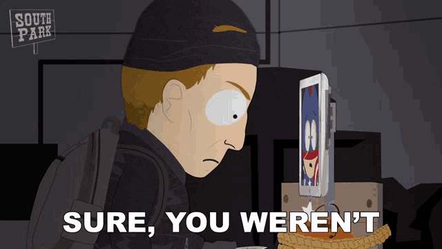 a cartoon of a man looking at a cell phone with the words sure you weren 't below him