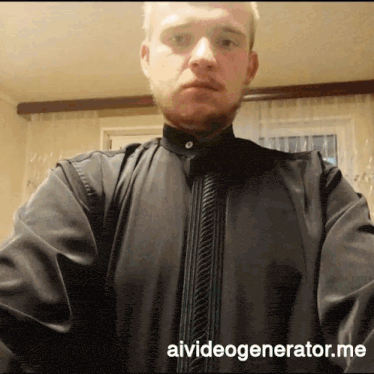a man wearing a black shirt with aivideogenerator.me written on the bottom
