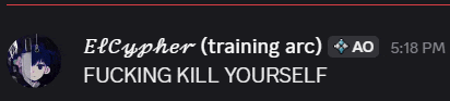 a screen shot of elcypher training arc fucking kill yourself at 5:18 pm