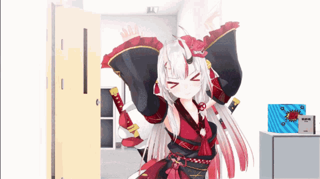 a girl with white hair and horns stands in a room