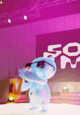 a cartoon character wearing sunglasses stands in front of a screen that says 50 on it