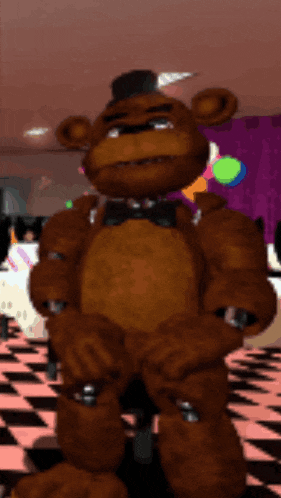 a brown teddy bear with a top hat and bow tie is standing in a room