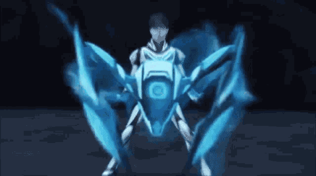 a man in a futuristic suit is holding a sword and shield in his hands .