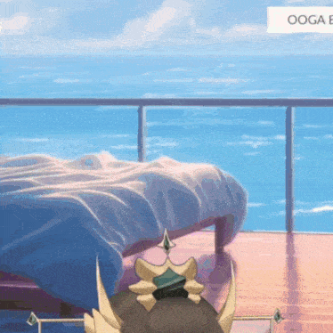 a person with a crown on their head is standing on a balcony overlooking the ocean ..