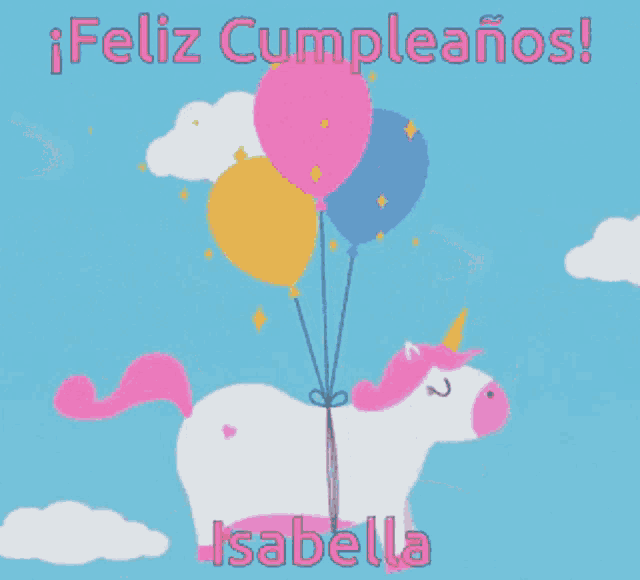 a birthday card with a unicorn holding balloons and the name isabella on it