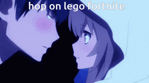 a boy and a girl are looking at each other and the words hop on lego fortnite are above them