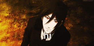 a man with long black hair and red eyes is smiling and says hi