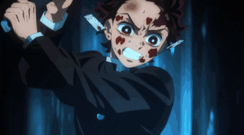 a cartoon character with blood on his face holding a knife