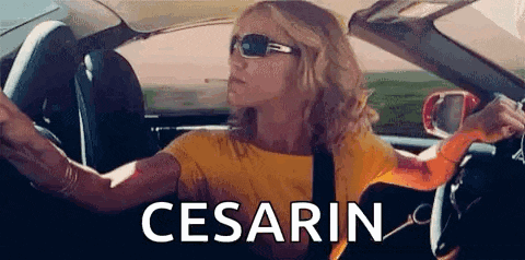 a woman wearing sunglasses is driving a car with the word cesarin on the side .