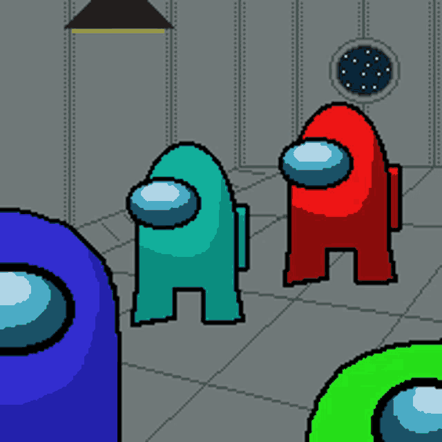 among us characters standing in a room with a window