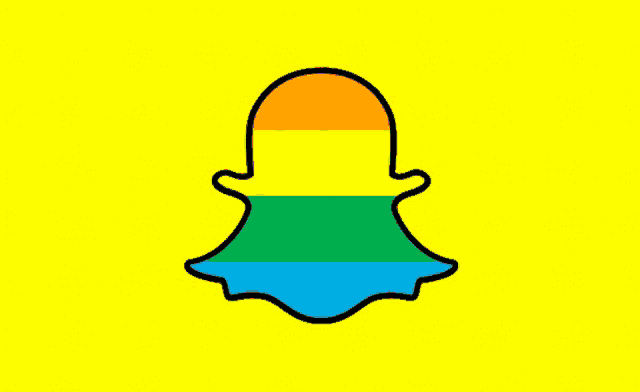 a rainbow colored snapchat icon with a yellow background