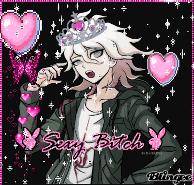 a pixel art of a boy with a crown and the words sexy bitch