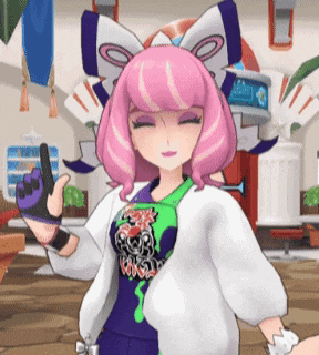 a cartoon character with pink hair and a purple glove