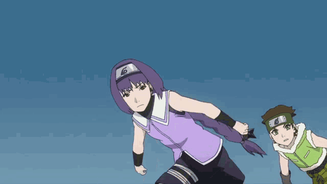 a girl with purple hair is flying through the air while a boy looks on