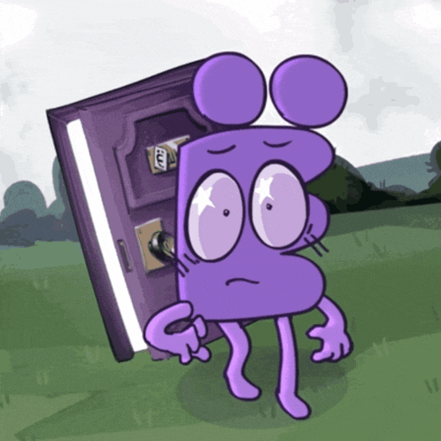 a cartoon drawing of a purple cartoon character standing next to a purple door