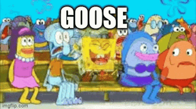 a group of cartoon characters from spongebob squarepants are sitting on a bench with the words `` goose '' written above them .