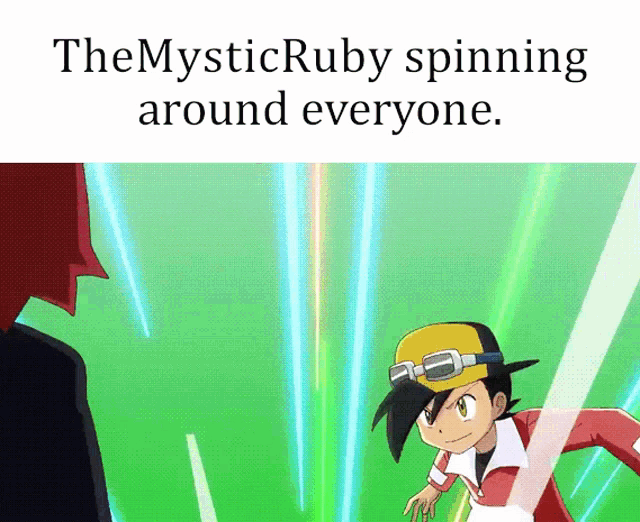 the mysticruby spinning around everyone with a cartoon character in the background