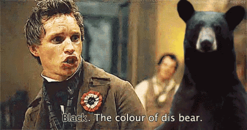 a man and a bear are standing next to each other and the bear says " black the colour of dis bear "